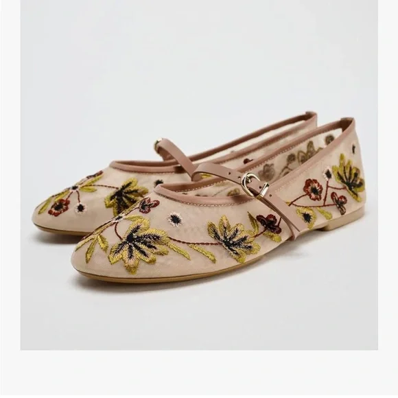 Embroidered Floral Mesh Ballet Flats - Picture 1 of 7